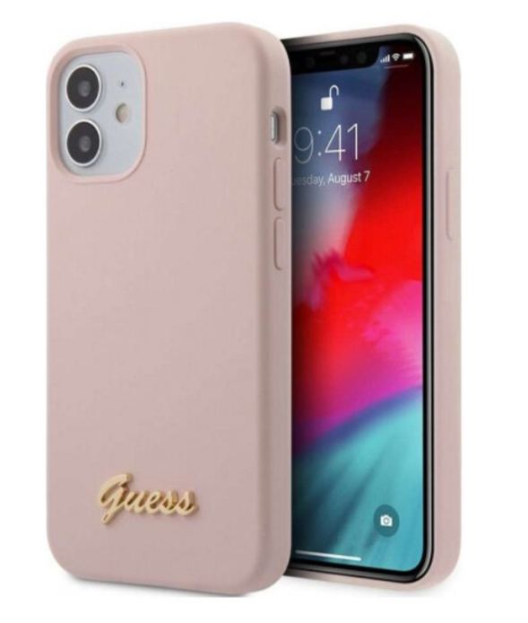 Силиконовый чехол-накладка для iPhone 12 mini (5.4) Guess Liquid silicone Gold metal logo Hard, Pink (GUHCP12SLSLMGLP)