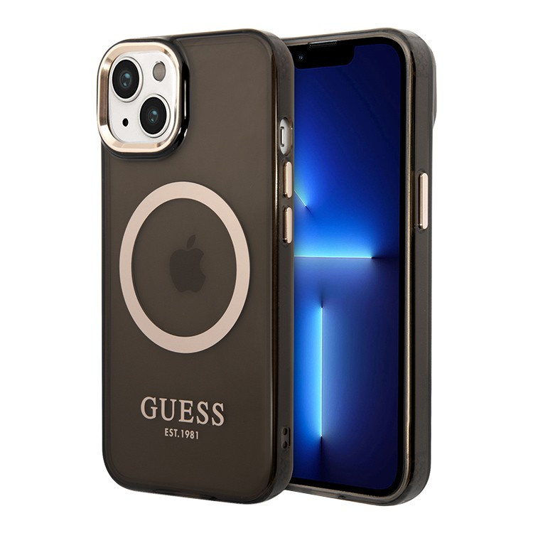 Чехол для iPhone 14 Plus Guess PC/TPU Metal outline Hard Translucent Black/Gold (Magsafe) (GUHMP14MHTCMK)