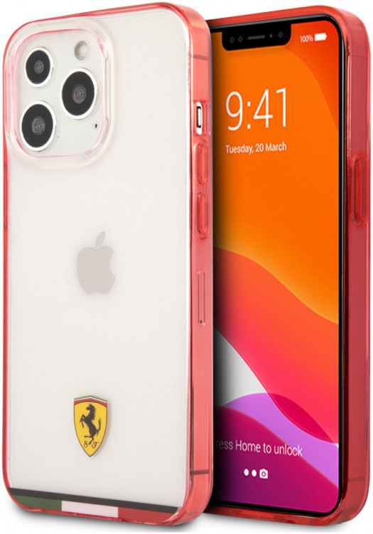 Чехол Ferrari для iPhone 13 PC/TPU Italia stripe Hard Transparent/Red (FEHCP13MBITR)