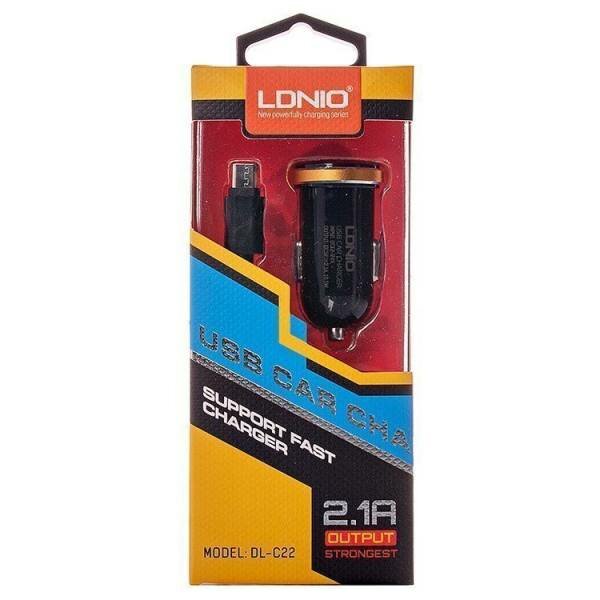 Автозарядка с 2 USB портами LDNIO 2100 mA с кабелем 8 pin в комплекте Black/Gold (DL-C22)