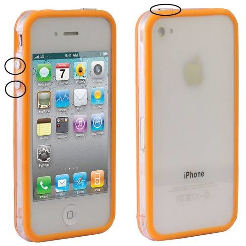 Гелевый чехол бампер для iPhone 4 / 4S с пластиковой прозрачной вставкой и кнопками (оранжевый)