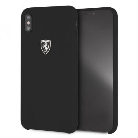 Силиконовый чехол-накладка для iPhone XS Max Ferrari Silicone Rubber Silver Logo Hard Black (FEOSIHCI65BK)