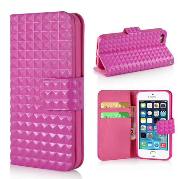 Стильный чехол книжка для iPhone 5 / 5S / SE Rubbery Diamond с разъемами для карточек (Magenta)