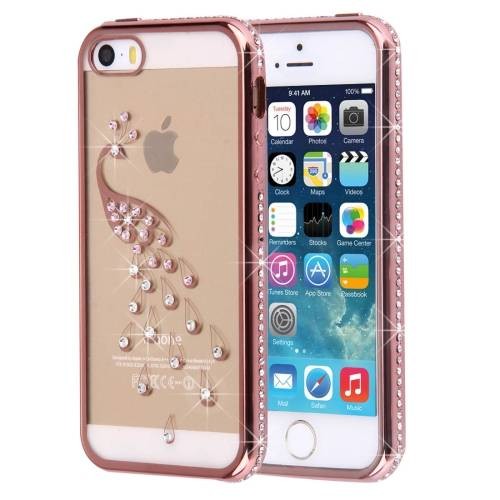 Гелевый чехол со стразами для iPhone 5 / 5S / SE с 3D павлином Peacock (Pink Gold)