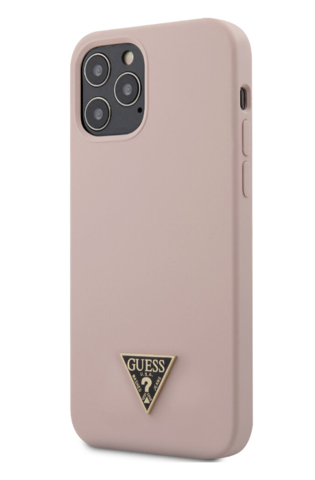 Силиконовый чехол-накладка для iPhone 12 / 12 Pro (6.1) Guess Liquid Silicone Triangle metal logo Hard, Pink (GUHCP12MLSTMLP)