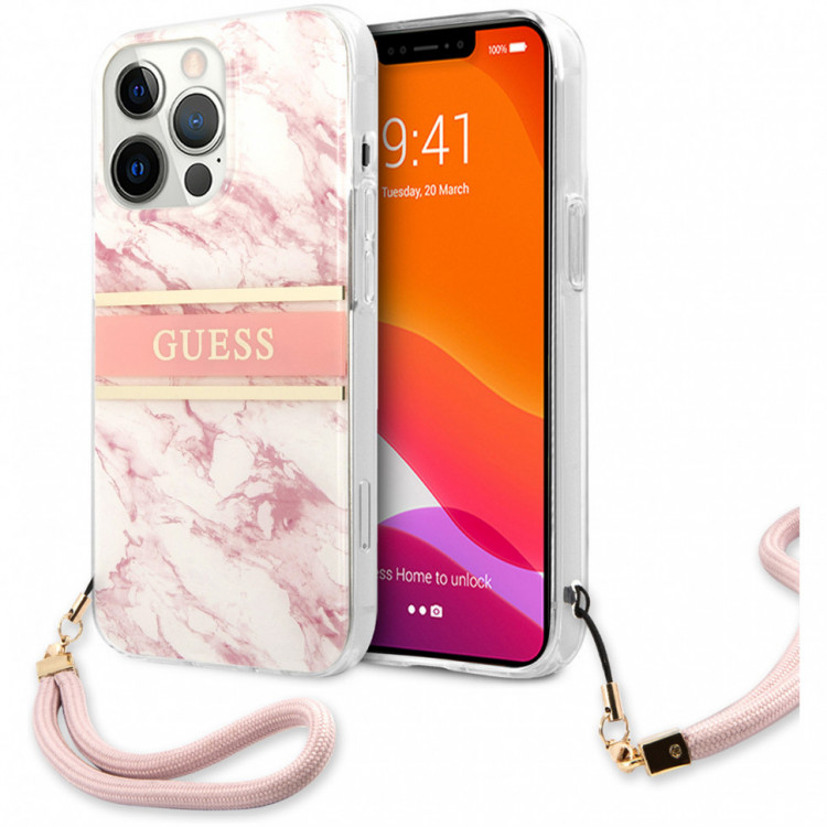 Чехол для iPhone 13 Pro Max Guess PC/TPU Marble Hard + Nylon hand cord Pink (GUHCP13XKMABPI)