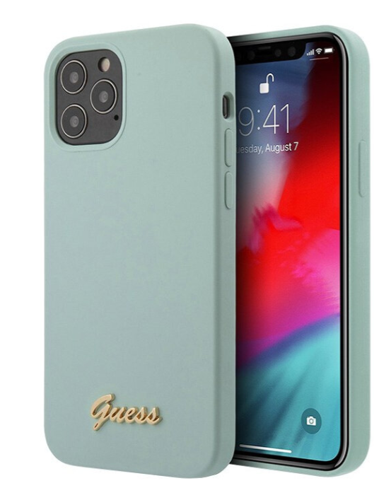 Силиконовый чехол-накладка для iPhone 12 Pro Max (6.7) Guess Liquid silicone Gold metal logo Hard, Light blue (GUHCP12LLSLMGLB)