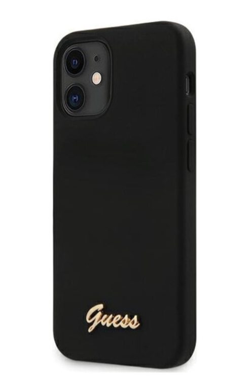 Силиконовый чехол-накладка для iPhone 12 mini (5.4) Guess Liquid silicone Gold metal logo Hard, Black (GUHCP12SLSLMGBK)