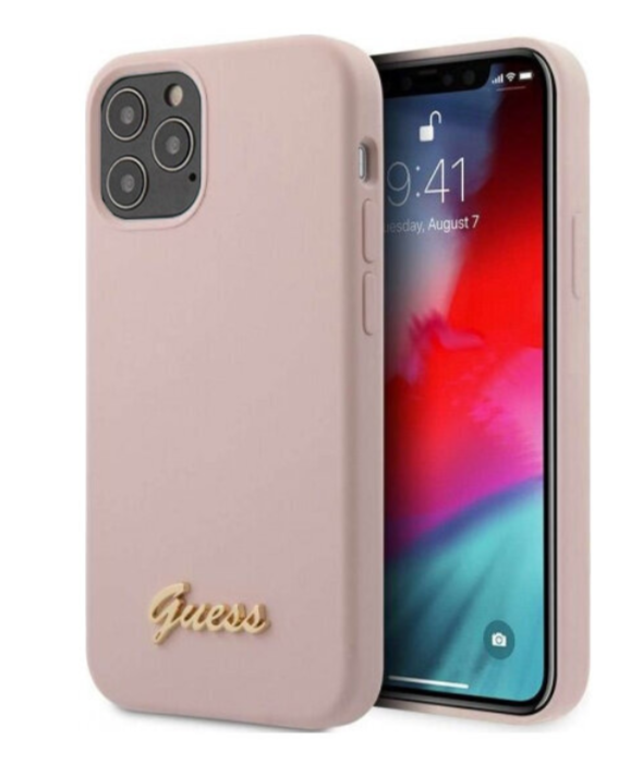 Силиконовый чехол-накладка для iPhone 12 Pro Max (6.7) Guess Liquid silicone Gold metal logo Hard, Pink (GUHCP12LLSLMGLP)