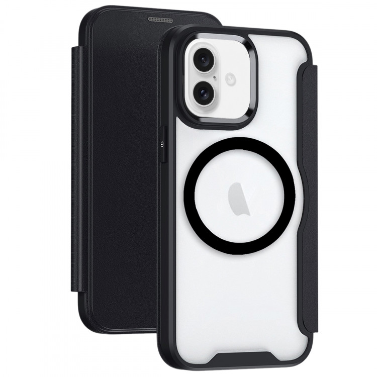 Чехол книжка для iPhone 16 Plus MagSafe RFID с прозрачной панелью и разъемами под карточки