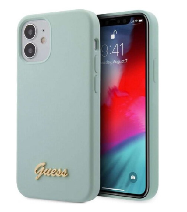 Силиконовый чехол-накладка для iPhone 12 mini (5.4) Guess Liquid silicone Gold metal logo Hard, Light blue (GUHCP12SLSLMGLB)