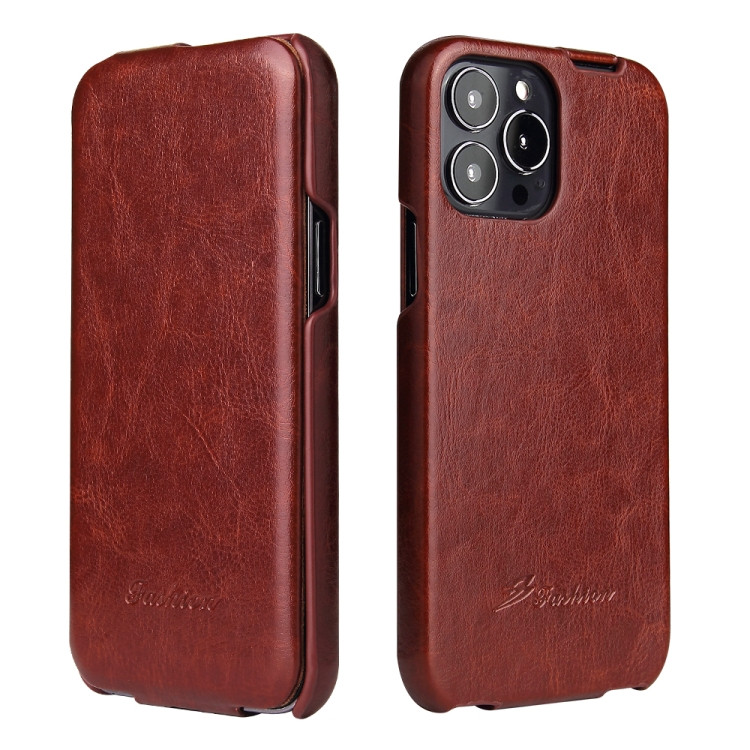 Кожаный чехол с вертикальным флипом для iPhone 13 Fierre Shann (Brown)