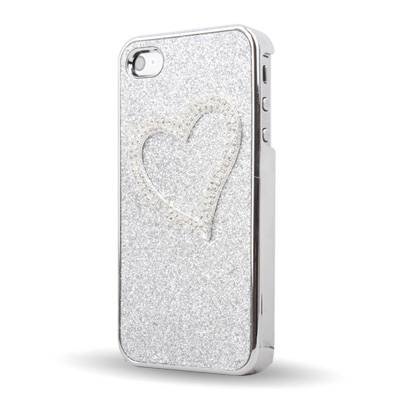 Чехол накладка со стразами для iPhone 4 / 4S серебристый переливающийся с сердечком