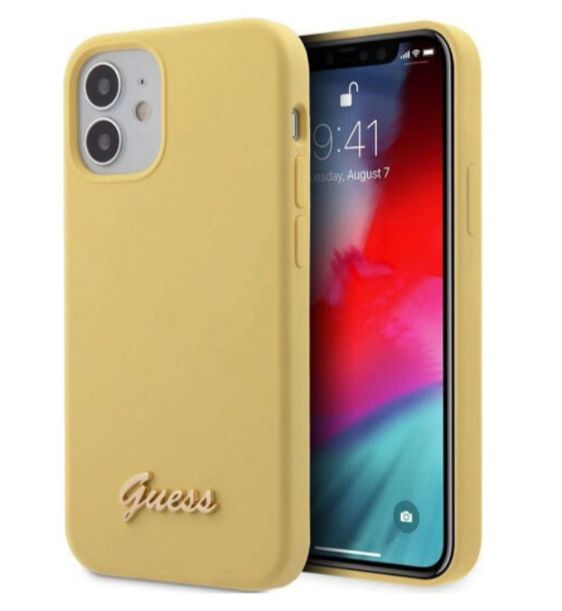 Силиконовый чехол-накладка для iPhone 12 mini (5.4) Guess Liquid silicone Gold metal logo Hard, Yellow (GUHCP12SLSLMGYE)