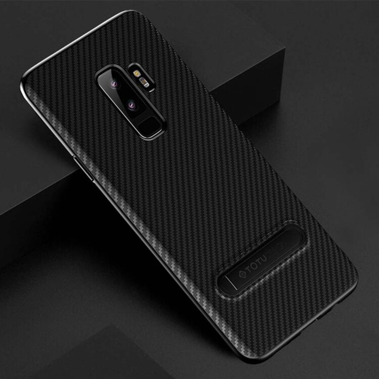 Карбоновый чехол TOTUDESIGN для Samsung Galaxy S9 Plus / S9+ Carbon Texture TPU с подставкой держателем (Black)