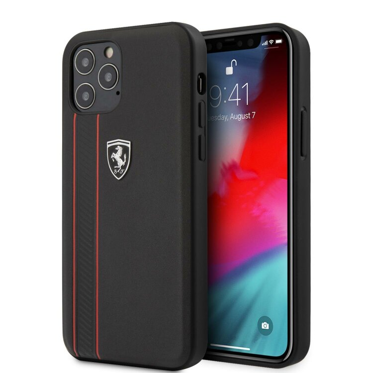 Чехол-накладка Ferrari для iPhone 12/12 Pro (6.1) Off-Track Genuine Leather Stitched Stipe Hard Black (FEODIHCP12MBK)