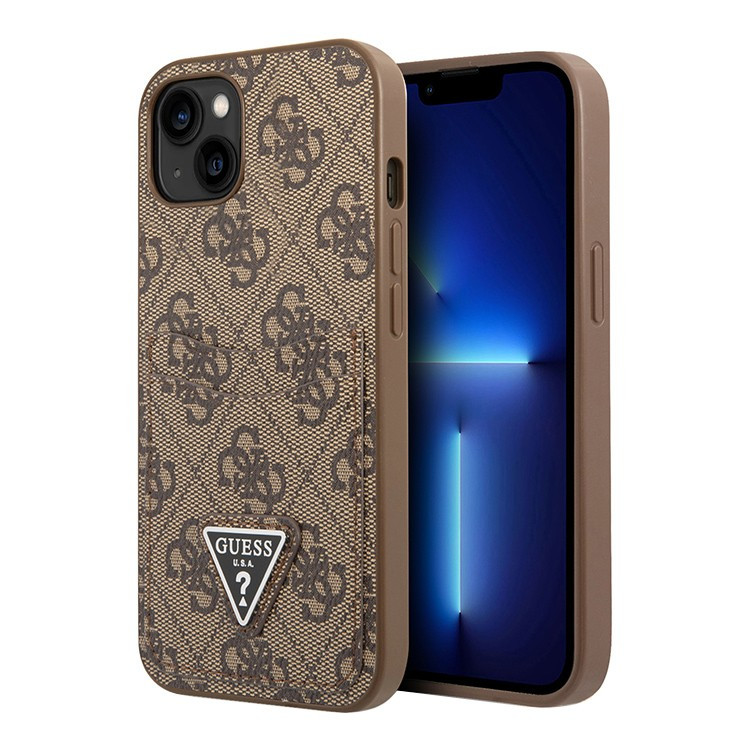 Чехол для iPhone 14 Guess PU 4G Double cardslot w Metal triangle logo Hard Brown (GUHCP14SP4TPW)