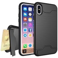 Противоударный чехол для iPhone X / XS Brushed Texture с подставкой и разъемами для карточек (Black)