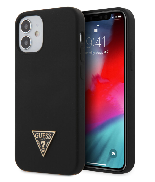 Силиконовый чехол-накладка для iPhone 12 mini (5.4) Guess Liquid Silicone Triangle metal logo Hard, Black (GUHCP12SLSTMBK)