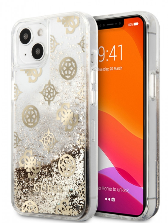 Чехол для iPhone 13 mini Guess  Liquid Glitter Peony Hard Gold (GUHCP13SLGPEGO)