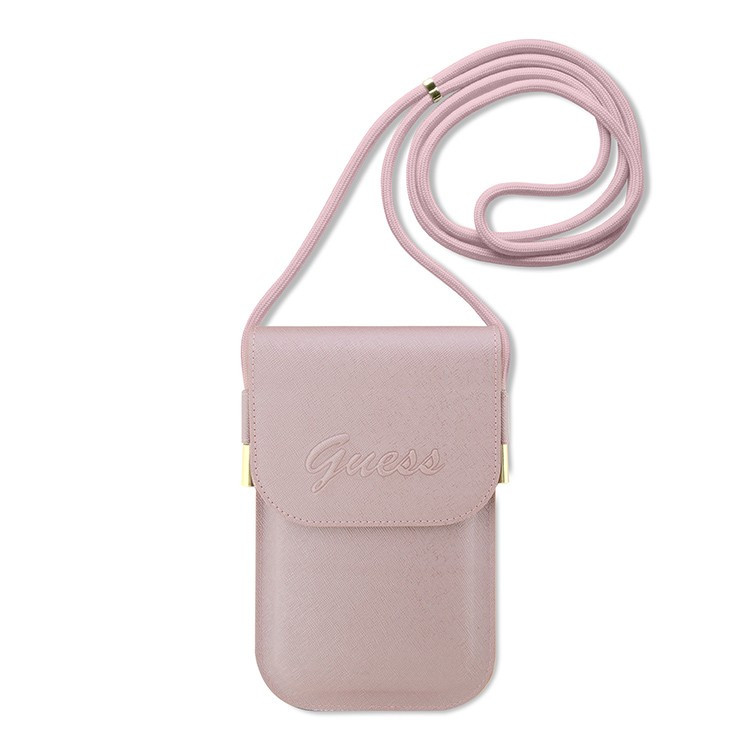 Guess Wallet Phone Bag Saffiano Script logo with Cord Pink