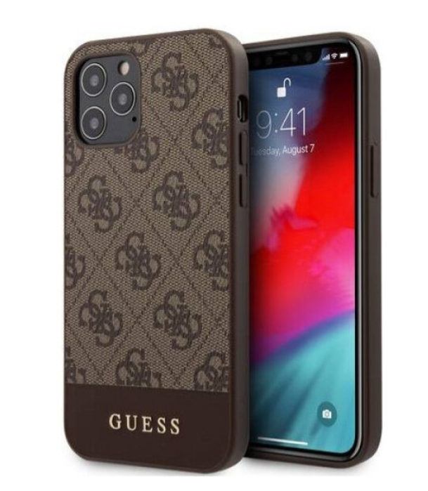 Чехол-накладка для iPhone 12 / 12 Pro (6.1) Guess 4G Stripe Metal logo Hard PU, Brown (GUHCP12MG4GLBR)