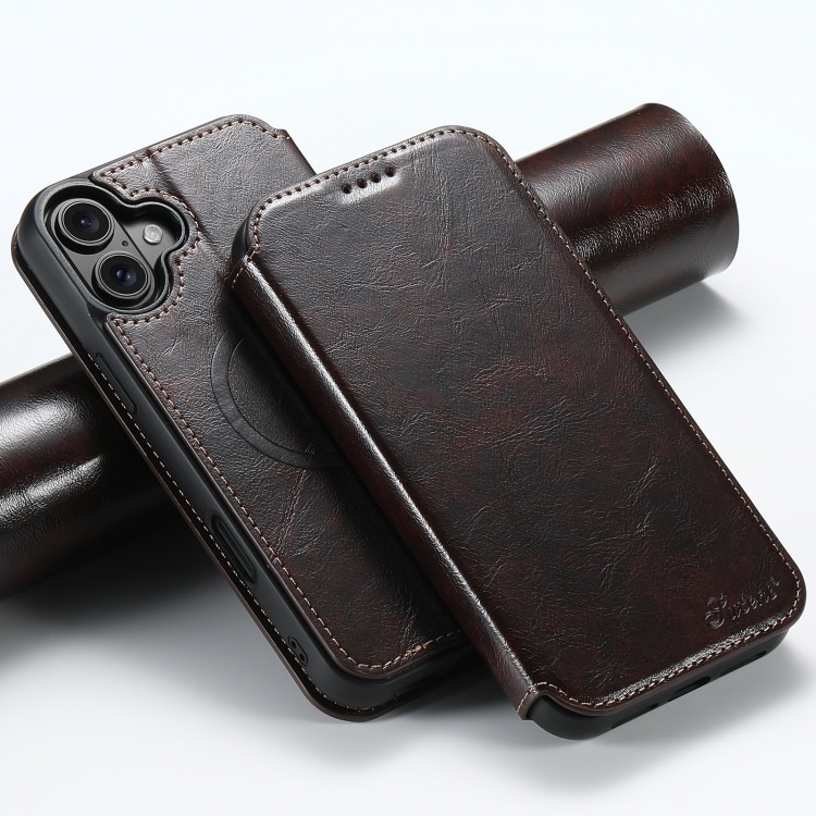 Кожаный чехол книжка Suteni для iPhone 16 с Magsafe с разъемами для карточек (Brown)