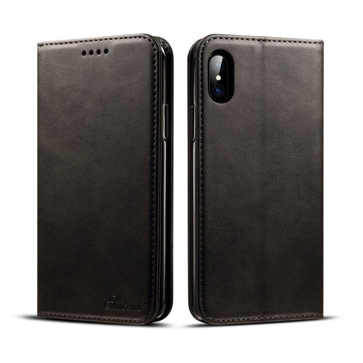 Кожаный чехол книжка Suteni для iPhone X / XS с подставкой и разъемом для карточек (Black)