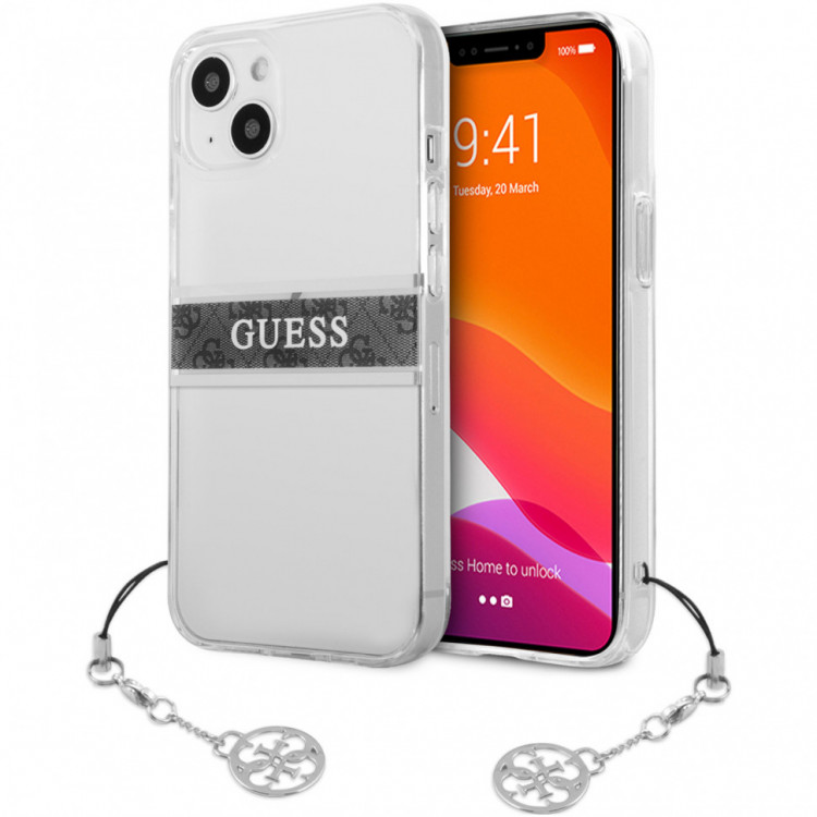 Чехол для iPhone 13 mini Guess PC/TPU 4G Stripe Hard Tranparent + Silver charm (GUHCP13SKB4GGR)