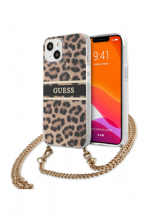 Чехол для iPhone 13 mini Guess PC/TPU Leopard Hard + Gold crossbody chain (GUHCP13SKBCLE)