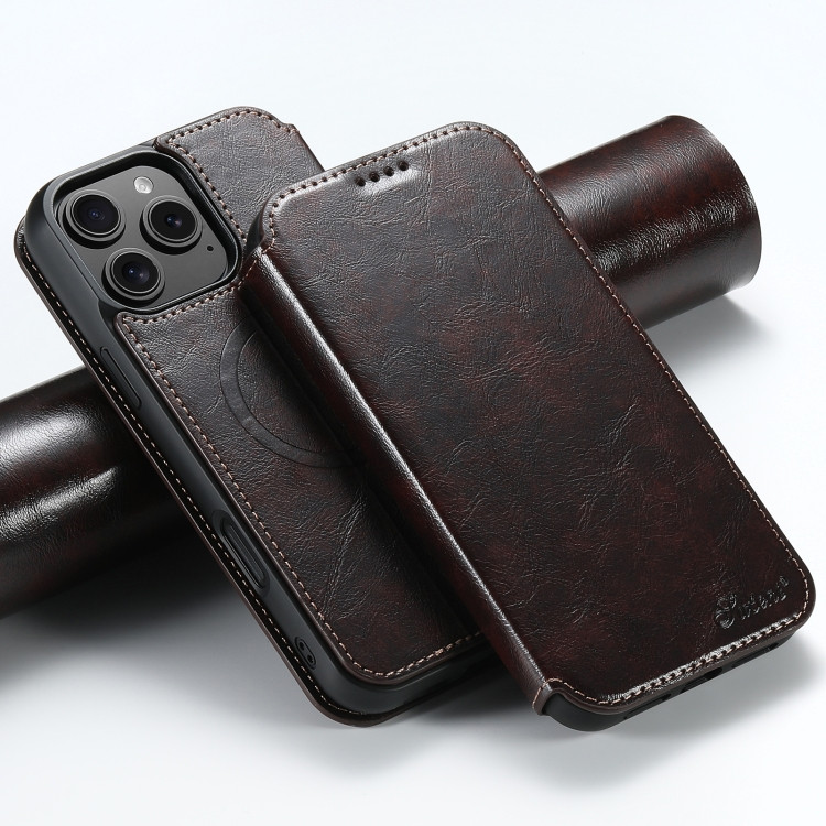 Кожаный чехол книжка Suteni для iPhone 16 Pro с Magsafe с разъемами для карточек (Brown)