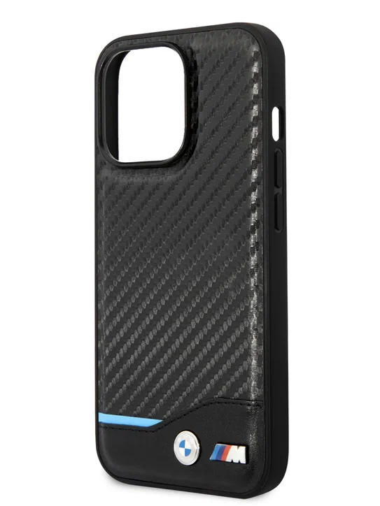 Чехол для iPhone 14 Pro BMW M-Collection PU Carbon with blue line Hard Black (BMHCP14L22NBCK)
