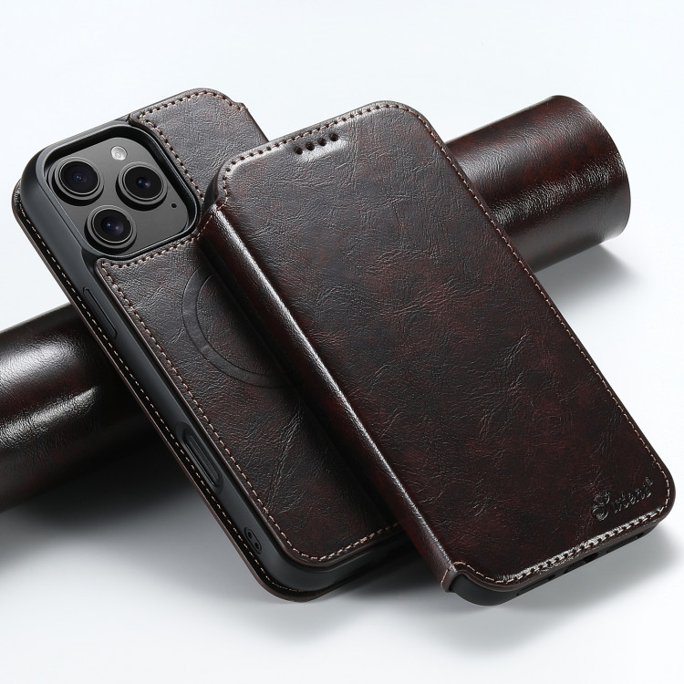 Кожаный чехол книжка Suteni для iPhone 16 Pro Max с Magsafe с разъемами для карточек (Brown)