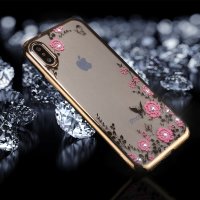 Гелевый прозрачный чехол для iPhone X / XS со стразами, цветами и рамкой (Gold)
