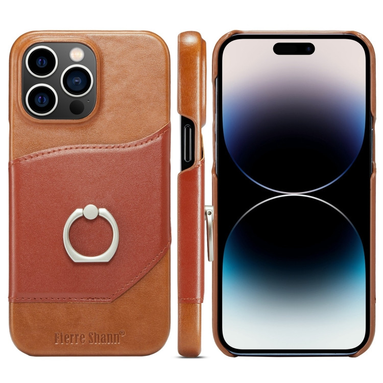 Кожаный чехол для iPhone 14 Pro Max Fierre Shann Oil Wax Genuine Leather с кольцом (Brown)