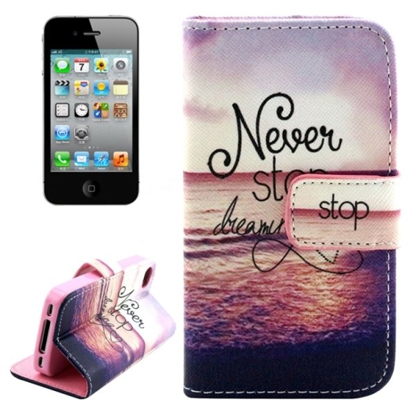 Стильный чехол книжка для iPhone 4 / 4S с разъемами для карточек "Never Stop Dreaming"