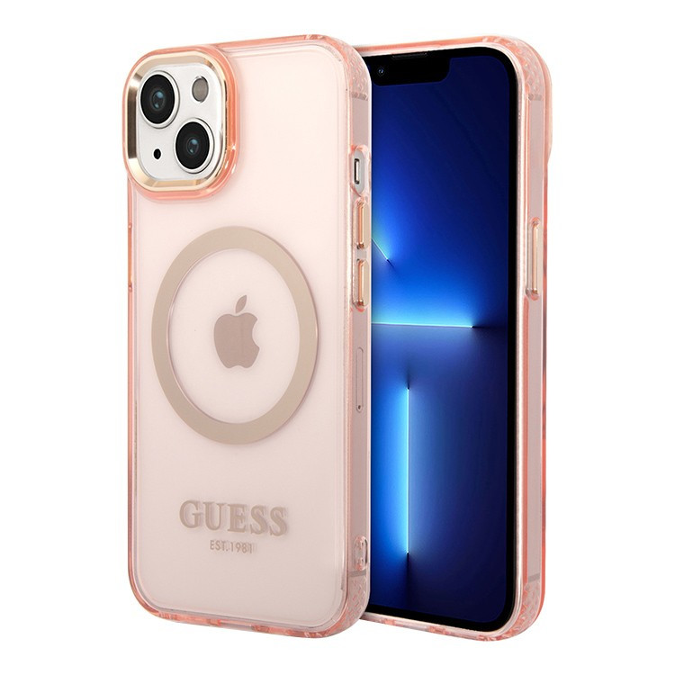 Чехол для iPhone 14 Plus Guess PC/TPU Metal outline Hard Translucent Pink/Gold (Magsafe) (GUHMP14MHTCMP)