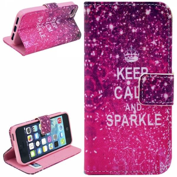 Чехол книжка сверкающая для iPhone 5/5S "Keep Calm and Sparkle" с держателем и разъемами под карточки