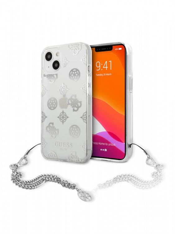 Чехол для iPhone 13 mini Guess PC/TPU Peony Hard Tranp + Silver hand chain (GUHCP13SKSPESI)