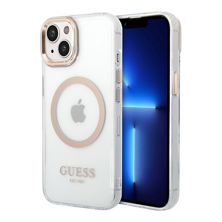 Чехол для iPhone 14 Plus Guess PC/TPU Metal outline Hard Transparent/Gold (Magsafe) (GUHMP14MHTRMD)