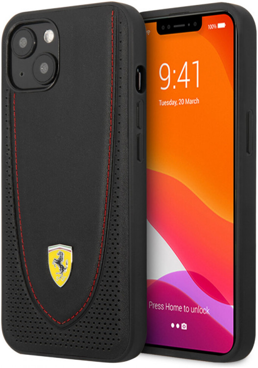 Кожаный чехол Ferrari для iPhone 13 Genuine leather Curved with metal logo Hard Black (FEHCP13MRGOK)