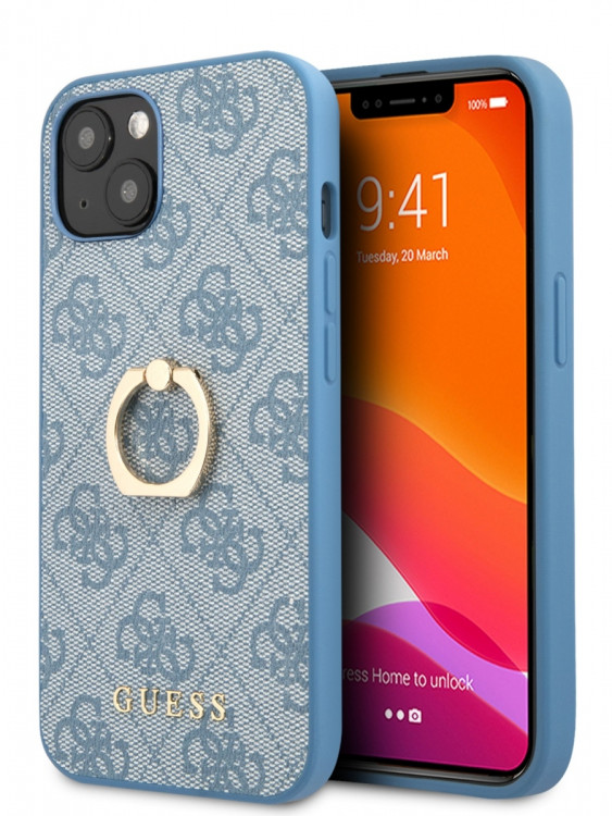 Чехол для iPhone 13 mini Guess PU 4G + Ring Hard Blue (GUHCP13S4GMRBL)