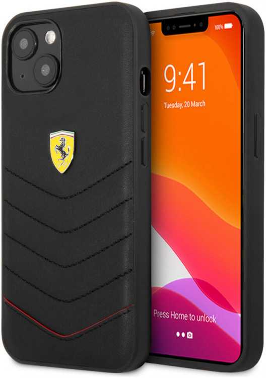 Кожаный чехол Ferrari для iPhone 13 Genuine leather Quilted with metal logo Hard Black (FEHCP13MRQUK)