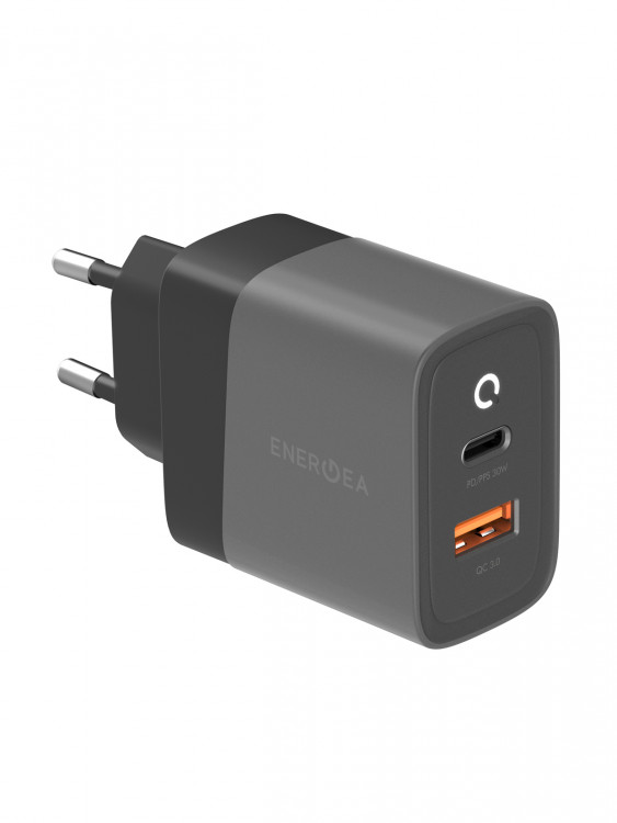 Сетевой адаптер EnergEA Ampcharge PD30+ Kit с 2 портами USB-C и USB-A PPS 33W + кабель Nyloflex C to C 1.5 Gun/Black (KIT-AC30P-NFCC)