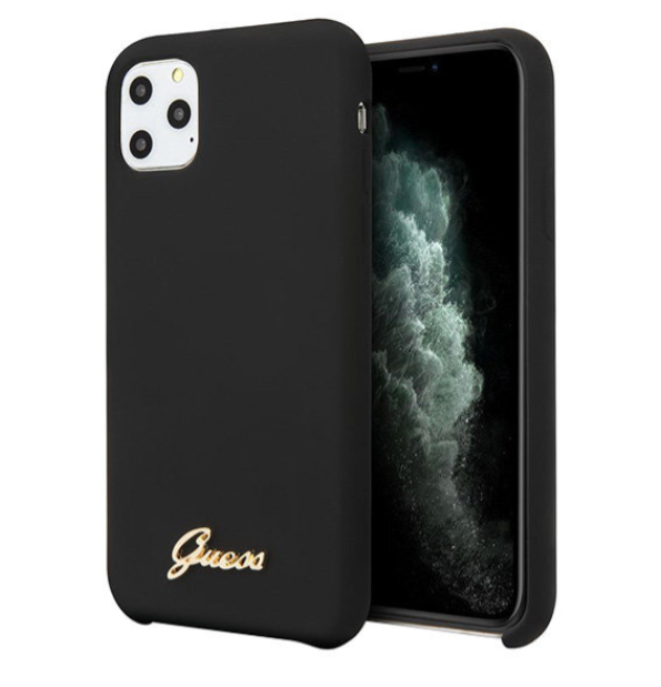 Силиконовый чехол-накладка для iPhone 11 Pro Guess Silicone collection Gold metal logo Hard, Black (GUHCN58LSLMGBK)