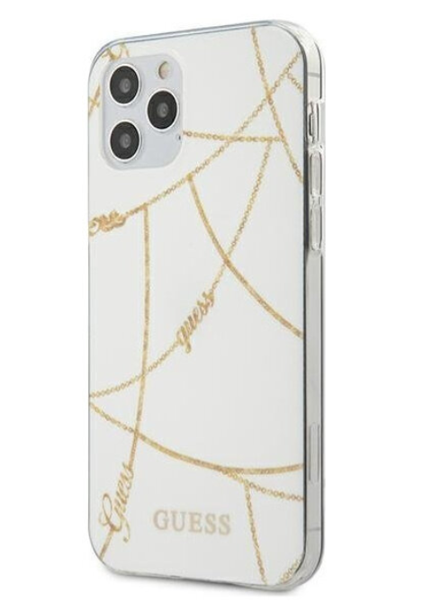 Чехол-накладка для iPhone 12 / 12 Pro (6.1) Guess Chain design Hard PC/TPU, White/Gold (GUHCP12MPCUCHWH)