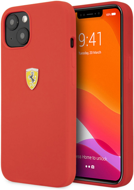 Чехол Ferrari для iPhone 13 Liquid silicone with metal logo Hard Red (FESSIHCP13MRE)