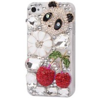 Стильный объемный чехол накладка со стразами, пандой, вишней и инкрустацией камнями для iPhone 4 / 4S