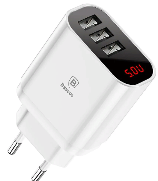 Сетевое зарядное устройство Baseus Mirror Lake Intelligent Digital Display 3xUSB Travel Charger 3.4A, White (CCALL-BH02)