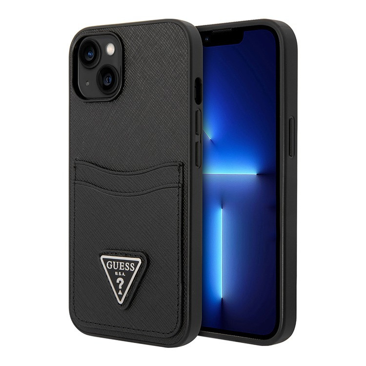 Чехол для iPhone 14 Plus Guess PU Saffiano Double cardslot w Metal triangle logo Hard Black (GUHCP14MPSATPK)